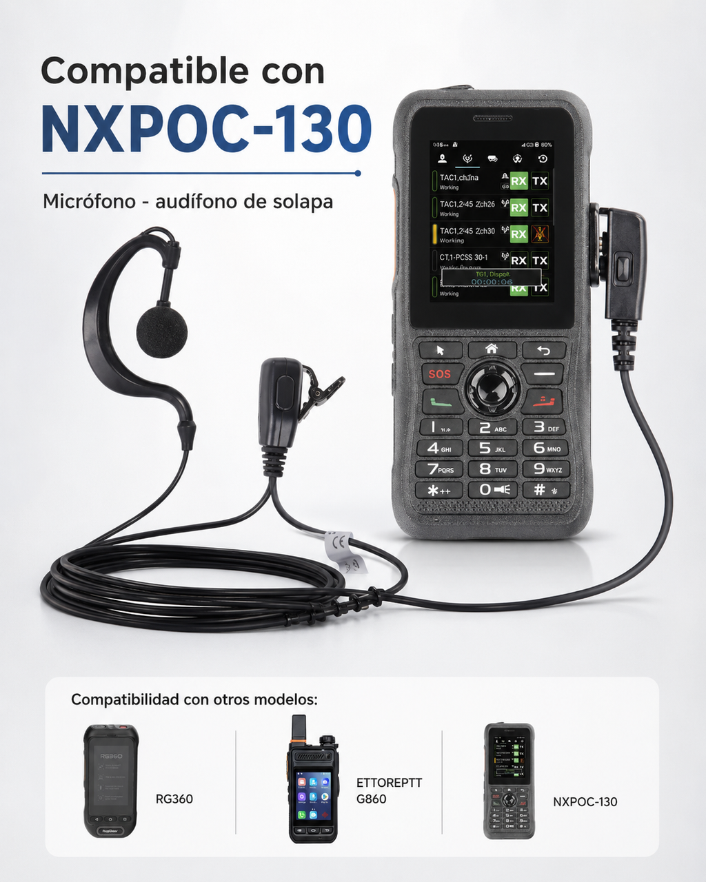 Micrófono–Audífono de Solapa con Gancho Ajustable 3.5 mm para Radios PoC NXPOC-130, RG360 y G860A