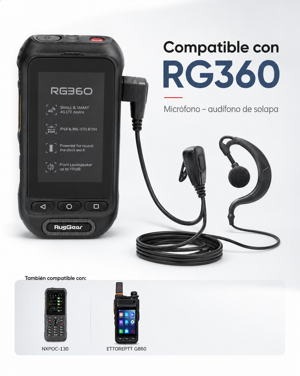 Micrófono–Audífono de Solapa con Gancho Ajustable 3.5 mm para Radios PoC NXPOC-130, RG360 y G860A