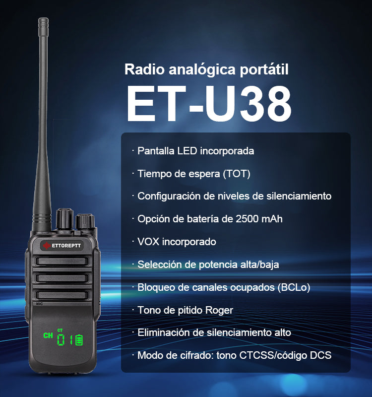 Radio Portatil ETTOREPTT ET-U38 UHF Analógico Profesional Walkie Talkie